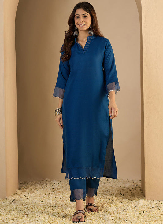 Vegaa Fashion Dark-Blue Embroidered Cotton Silk Kurti Suit
