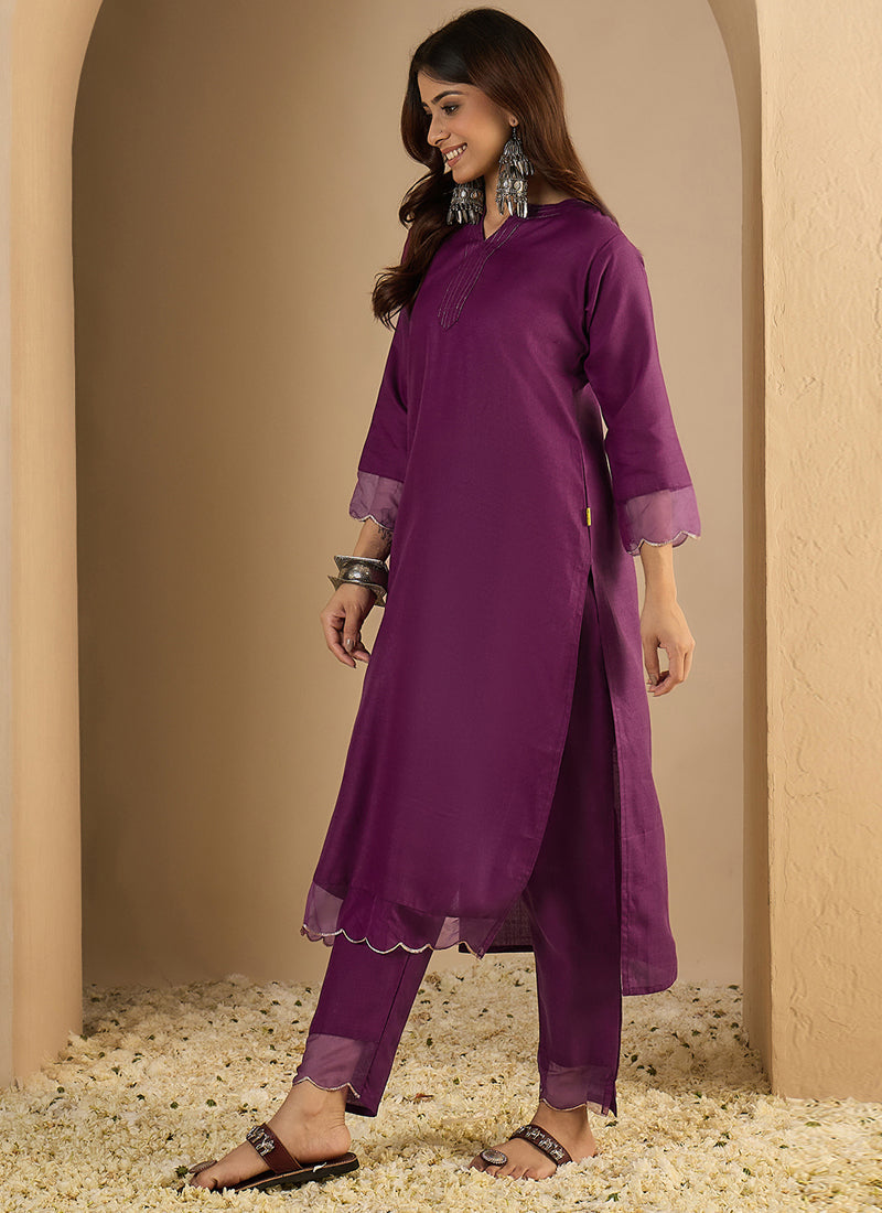 Vegaa Fashion Dark-Purple Embroidered Cotton Silk Kurti Suit