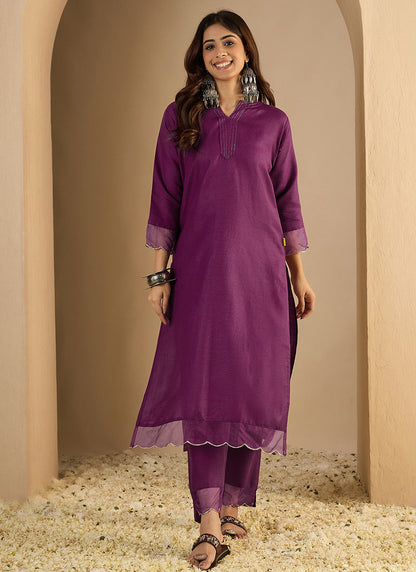 Vegaa Fashion Dark-Purple Embroidered Cotton Silk Kurti Suit