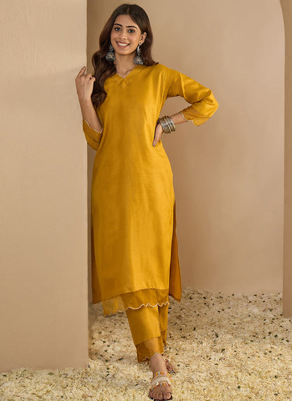 Vegaa Fashion Yellow Embroidered Cotton Silk Kurti Suit