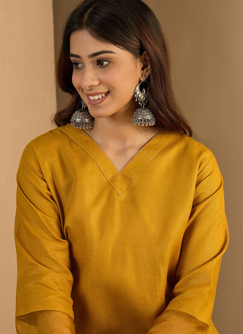 Vegaa Fashion Yellow Embroidered Cotton Silk Kurti Suit