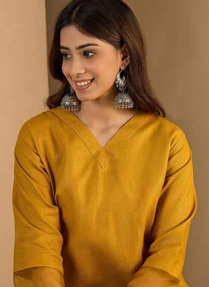 Vegaa Fashion Yellow Embroidered Cotton Silk Kurti Suit