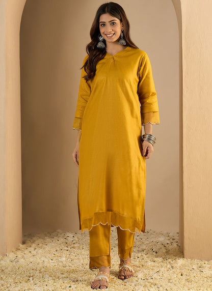 Vegaa Fashion Yellow Embroidered Cotton Silk Kurti Suit