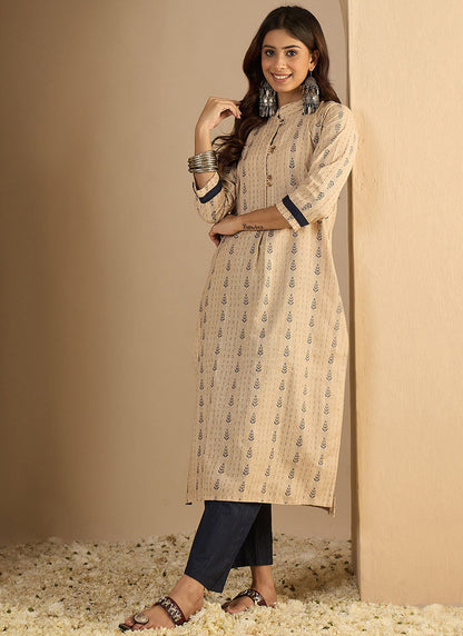 Vegaa Fashion Cream Embroidered Woven Silk Kurti Suit