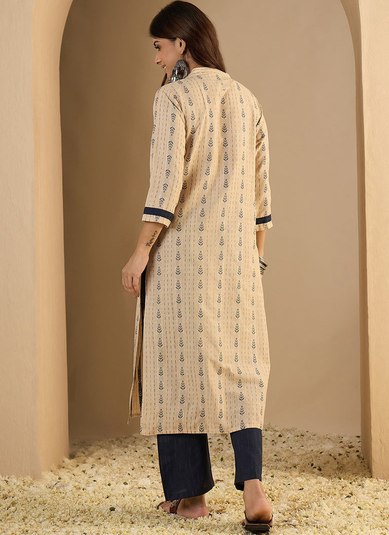 Vegaa Fashion Cream Embroidered Woven Silk Kurti Suit