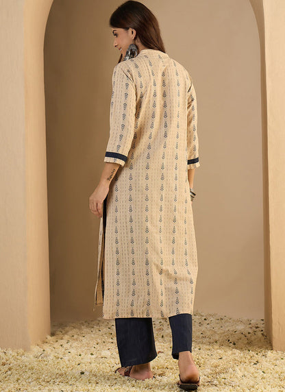 Vegaa Fashion Cream Embroidered Woven Silk Kurti Suit