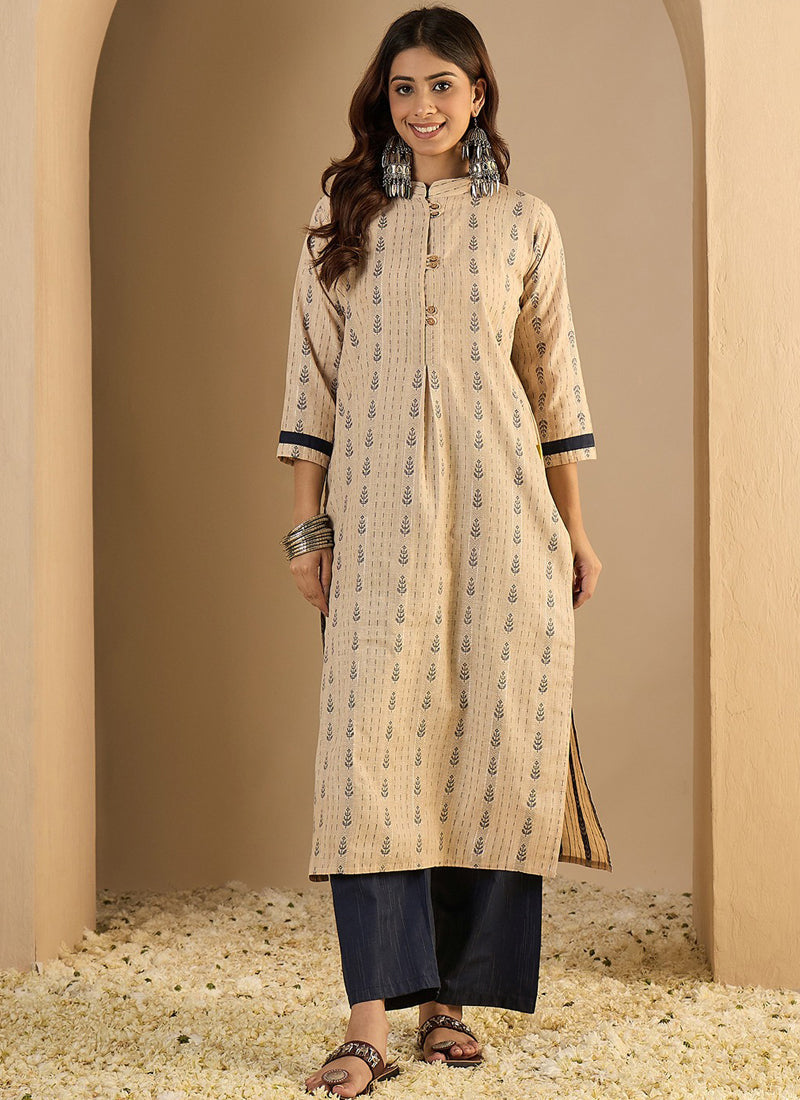 Vegaa Fashion Cream Embroidered Woven Silk Kurti Suit
