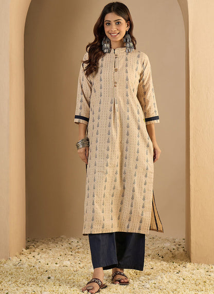 Vegaa Fashion Cream Embroidered Woven Silk Kurti Suit