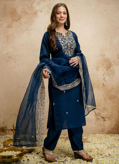 Vegaa Fashion Dark-Blue Embroidered Chanderi Salwar Suit