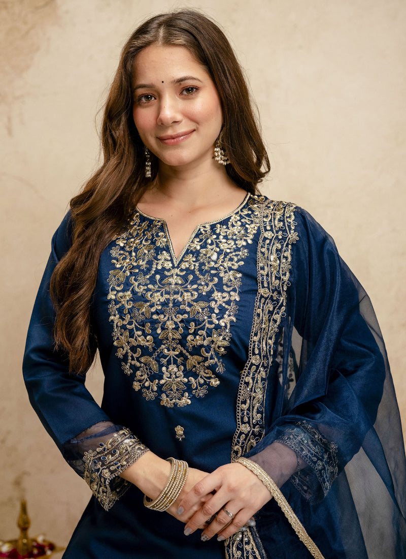 Vegaa Fashion Dark-Blue Embroidered Chanderi Salwar Suit