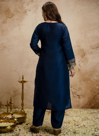 Vegaa Fashion Dark-Blue Embroidered Chanderi Salwar Suit
