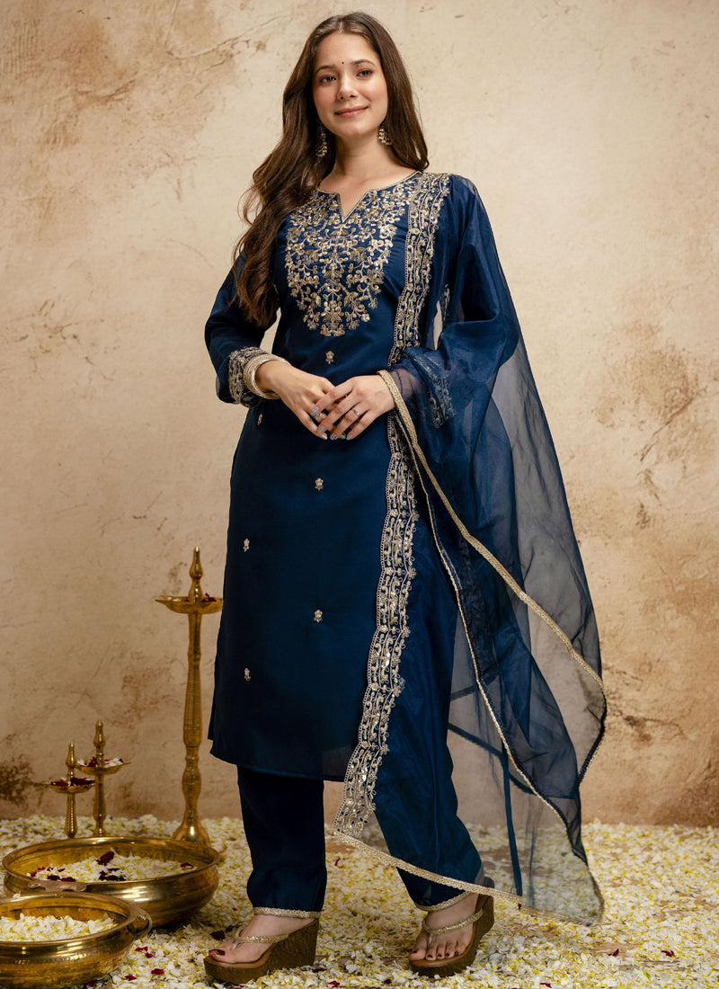 Vegaa Fashion Dark-Blue Embroidered Chanderi Salwar Suit