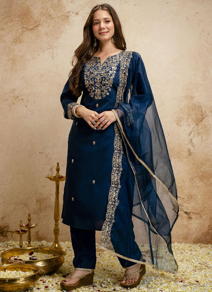 Vegaa Fashion Dark-Blue Embroidered Chanderi Salwar Suit
