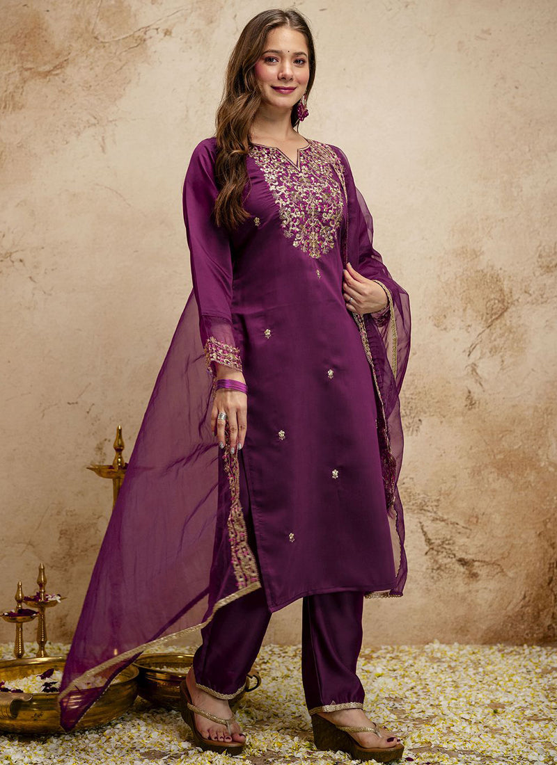 Vegaa Fashion Dark-Purple Embroidered Chanderi Salwar Suit