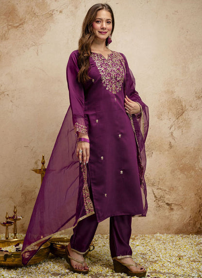 Vegaa Fashion Dark-Purple Embroidered Chanderi Salwar Suit