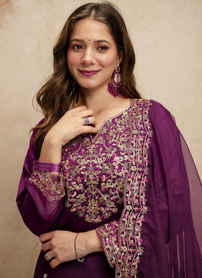 Vegaa Fashion Dark-Purple Embroidered Chanderi Salwar Suit