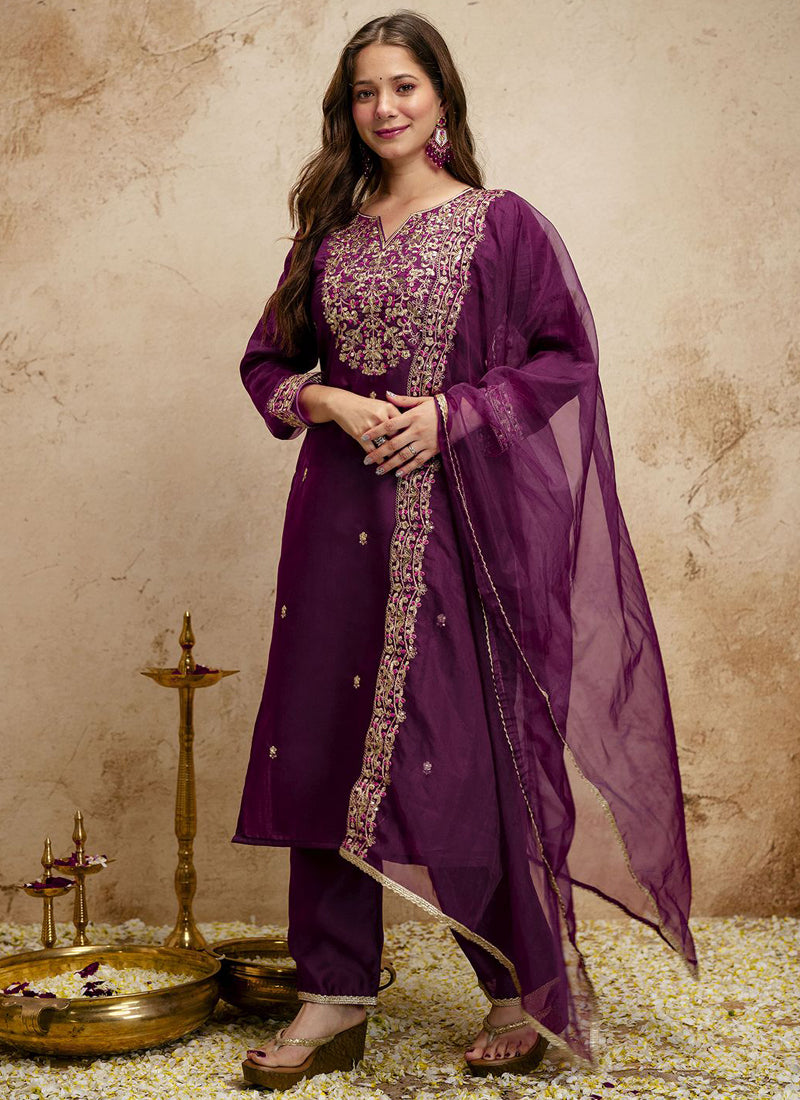 Vegaa Fashion Dark-Purple Embroidered Chanderi Salwar Suit