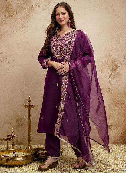 Vegaa Fashion Dark-Purple Embroidered Chanderi Salwar Suit