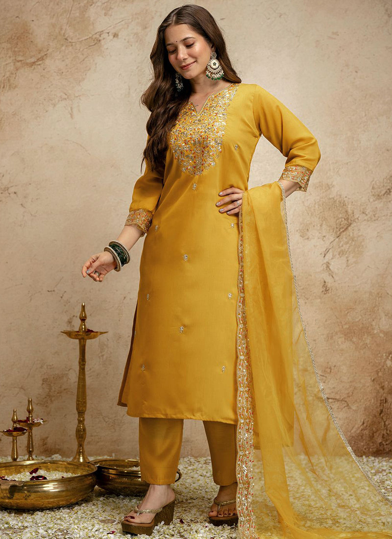 Vegaa Fashion Yellow Embroidered Chanderi Salwar Suit