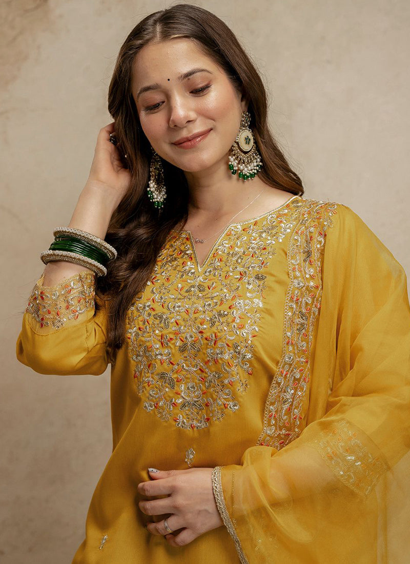 Vegaa Fashion Yellow Embroidered Chanderi Salwar Suit