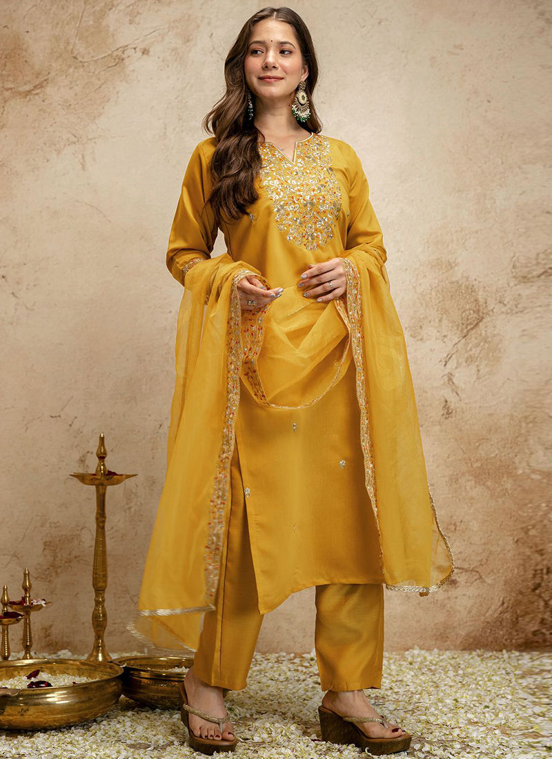 Vegaa Fashion Yellow Embroidered Chanderi Salwar Suit