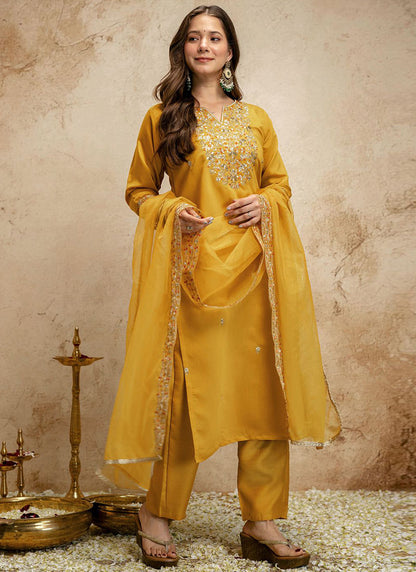 Vegaa Fashion Yellow Embroidered Chanderi Salwar Suit