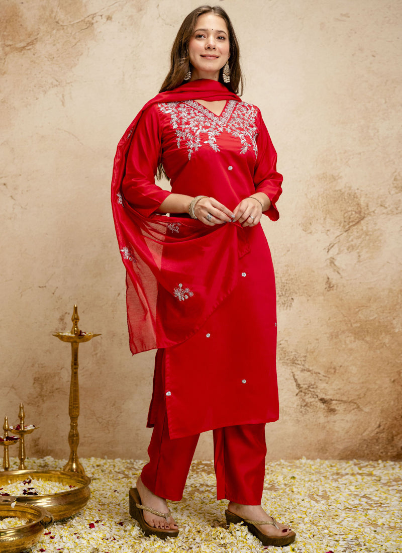 Vegaa Fashion Red Embroidered Chanderi Salwar Suit