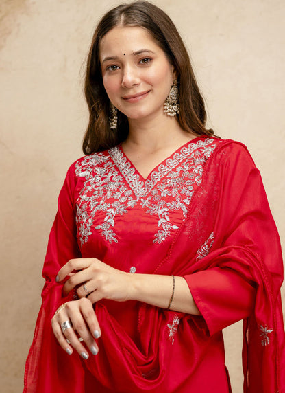 Vegaa Fashion Red Embroidered Chanderi Salwar Suit