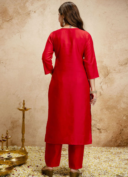 Vegaa Fashion Red Embroidered Chanderi Salwar Suit