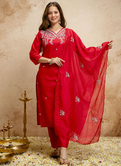 Vegaa Fashion Red Embroidered Chanderi Salwar Suit