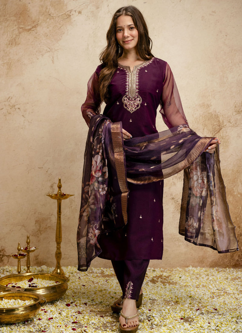 Vegaa Fashion Wine Embroidered Chanderi Salwar Suit