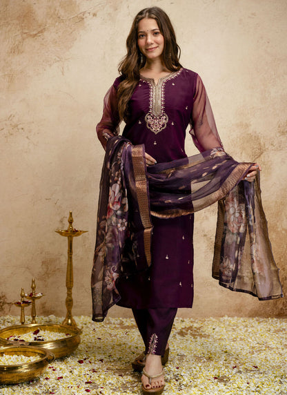 Vegaa Fashion Wine Embroidered Chanderi Salwar Suit