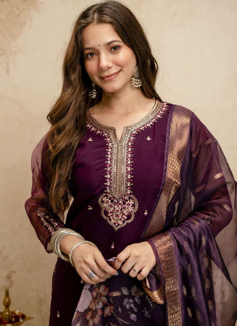 Vegaa Fashion Wine Embroidered Chanderi Salwar Suit