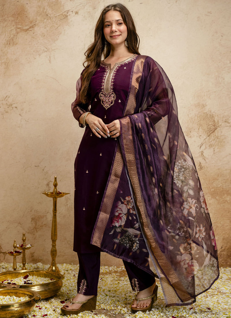 Vegaa Fashion Wine Embroidered Chanderi Salwar Suit