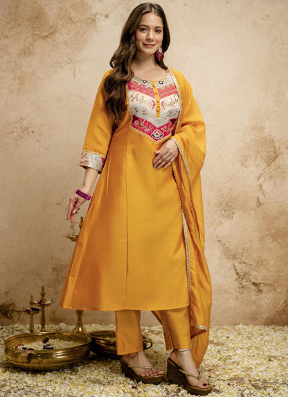 Vegaa Fashion Yellow Embroidered Vichitra Silk Anarkali Suit