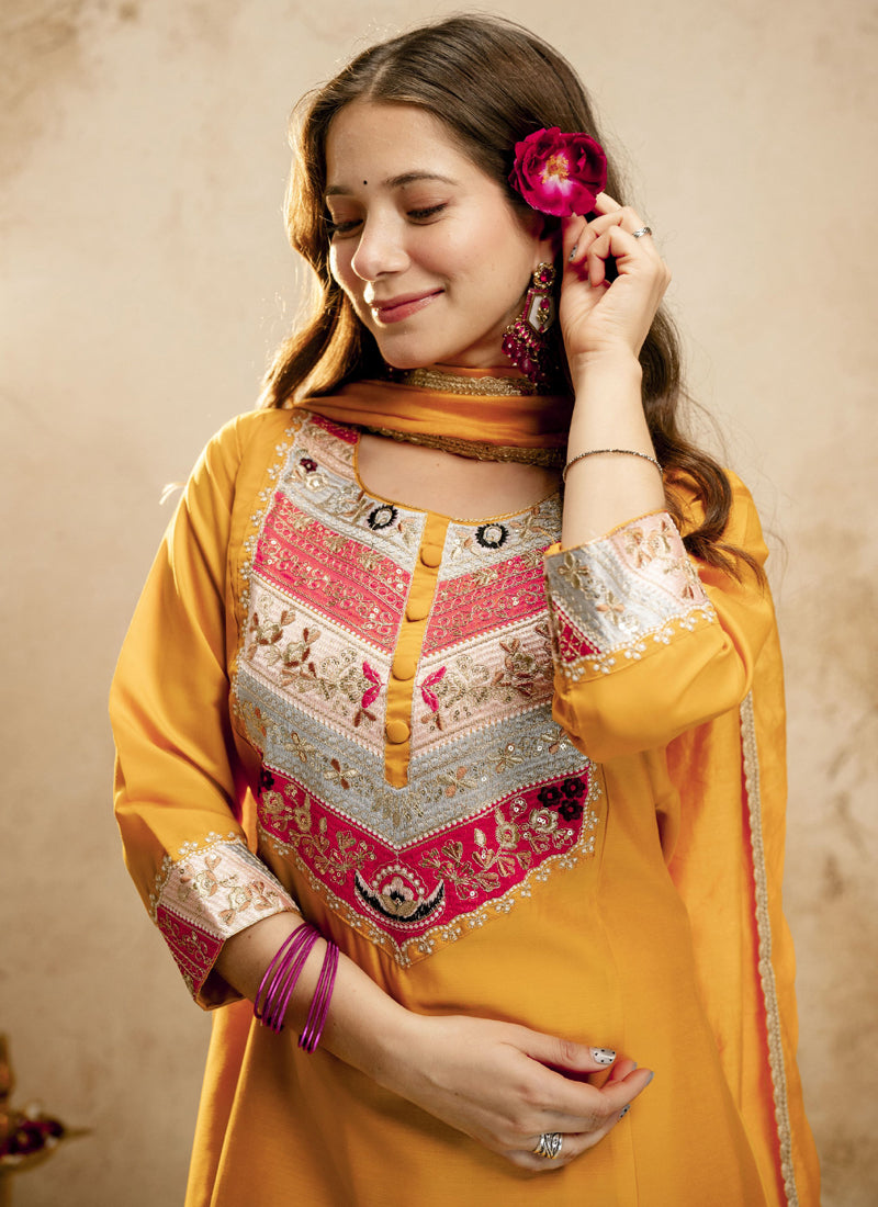 Vegaa Fashion Yellow Embroidered Vichitra Silk Anarkali Suit