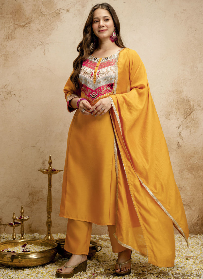 Vegaa Fashion Yellow Embroidered Vichitra Silk Anarkali Suit