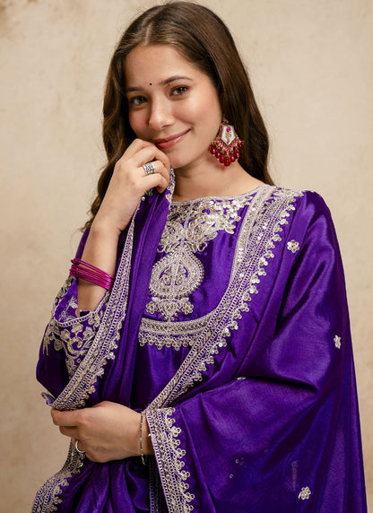 Vegaa Fashion Purple Embroidered Chanderi Salwar Suit