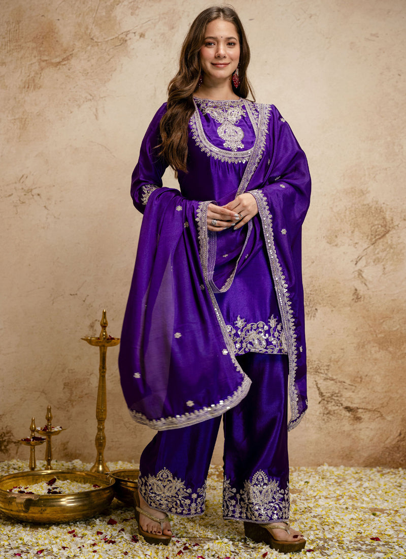 Vegaa Fashion Purple Embroidered Chanderi Salwar Suit