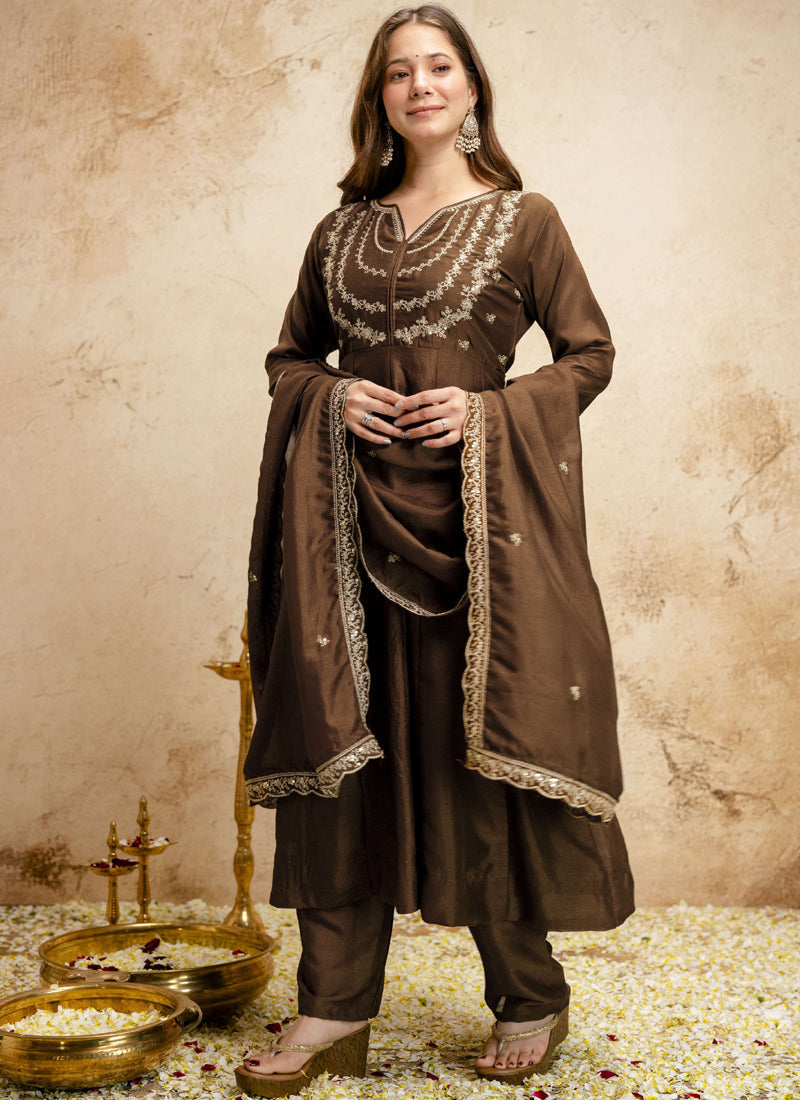 Vegaa Fashion Brown Embroidered Vichitra Silk Anarkali Suit