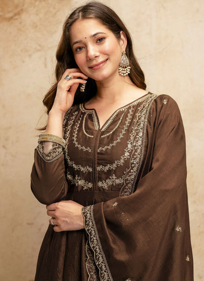 Vegaa Fashion Brown Embroidered Vichitra Silk Anarkali Suit