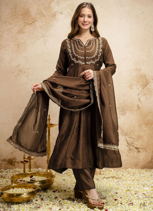 Vegaa Fashion Brown Embroidered Vichitra Silk Anarkali Suit