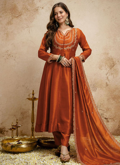 Vegaa Fashion Dark-Orange Embroidered Vichitra Silk Anarkali Suit