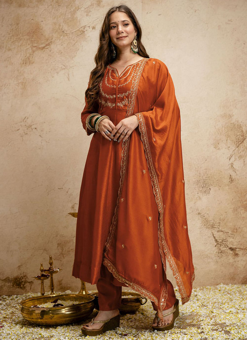 Vegaa Fashion Dark-Orange Embroidered Vichitra Silk Anarkali Suit