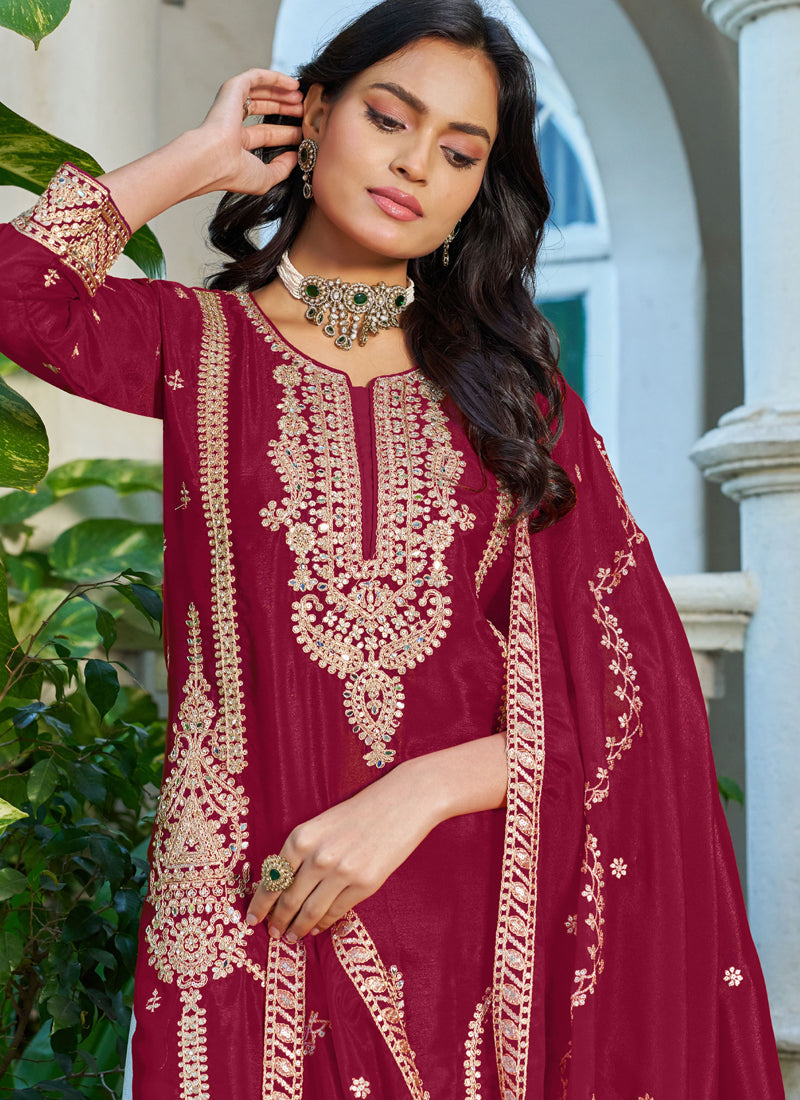 Vegaa Fashion Red Embroidered Chinon Silk Palazzo Suit