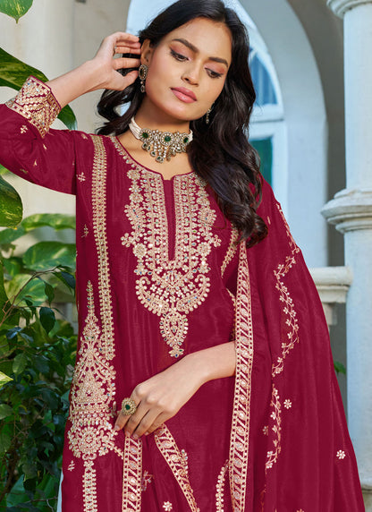 Vegaa Fashion Red Embroidered Chinon Silk Palazzo Suit