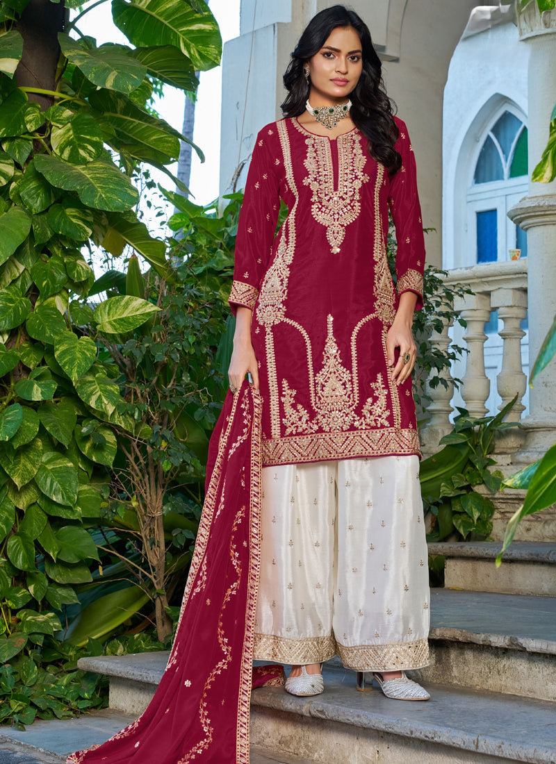 Vegaa Fashion Red Embroidered Chinon Silk Palazzo Suit