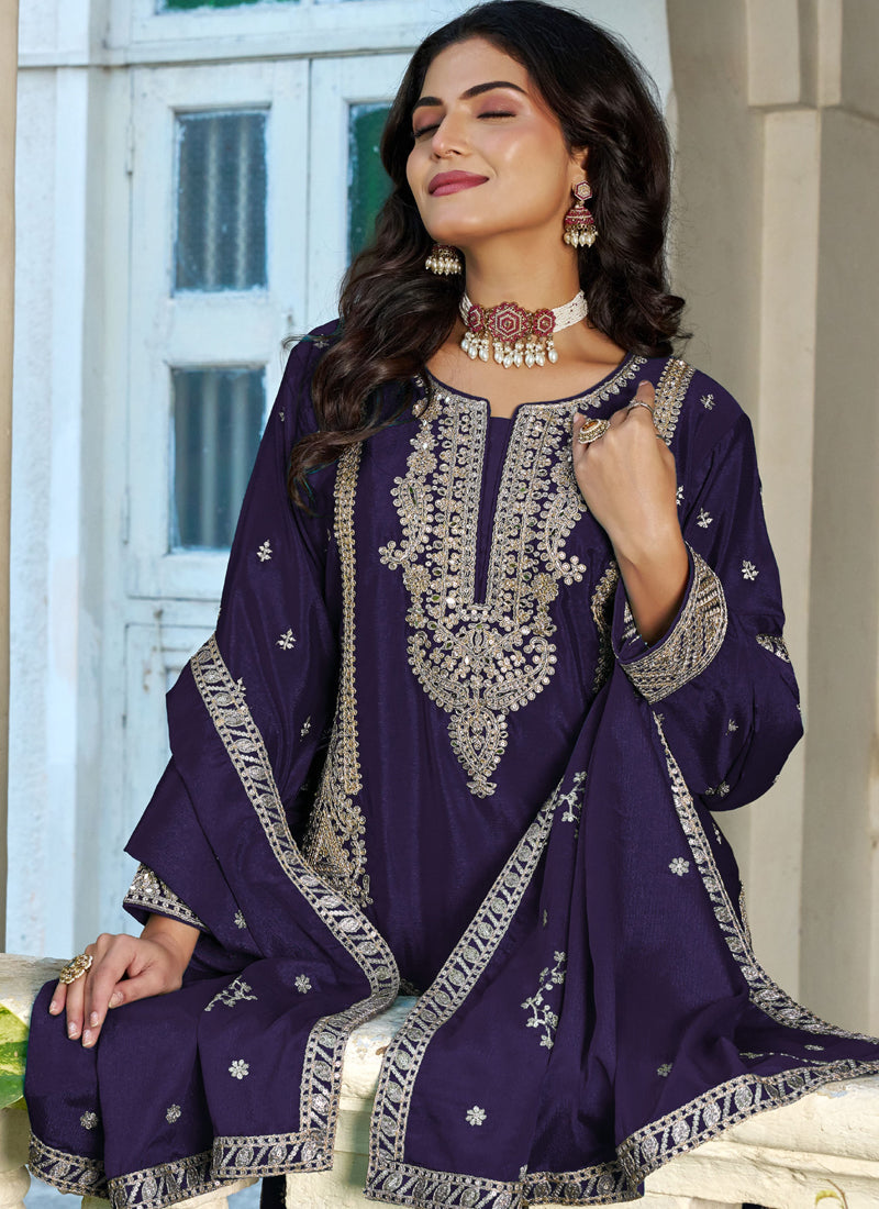 Vegaa Fashion Dark-Purple Embroidered Chinon Silk Palazzo Suit
