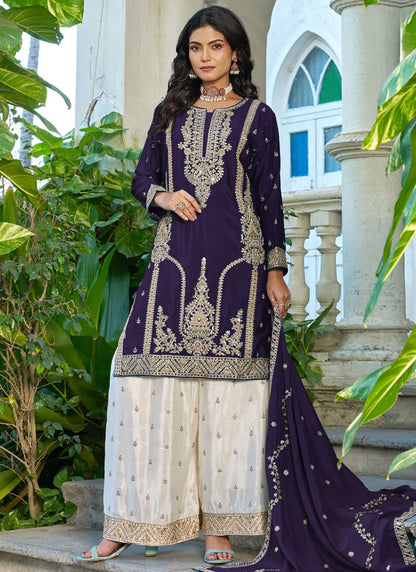 Vegaa Fashion Dark-Purple Embroidered Chinon Silk Palazzo Suit