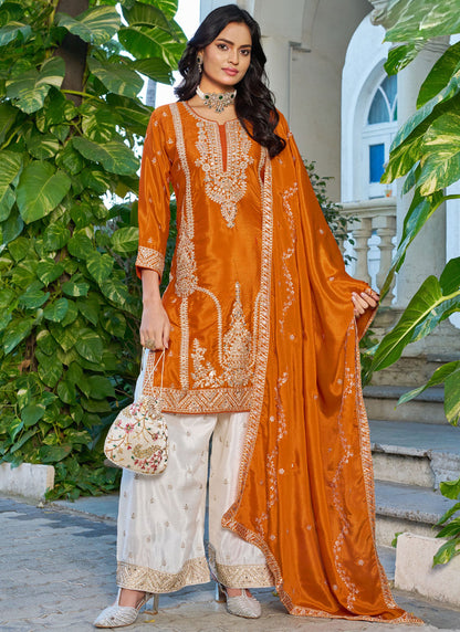 Vegaa Fashion Orange Embroidered Chinon Silk Palazzo Suit